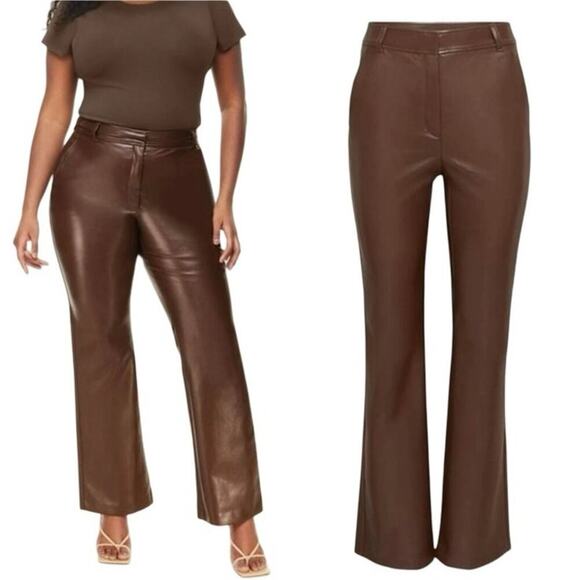 BabtonWomens Vegan Leather Flare Leg High Waisted Pants Brown Size 14 - Picture 1 of 7